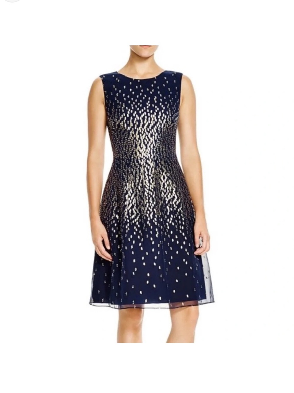 Kay Unger Navy Midi Dress with Gold Sequin Scatter